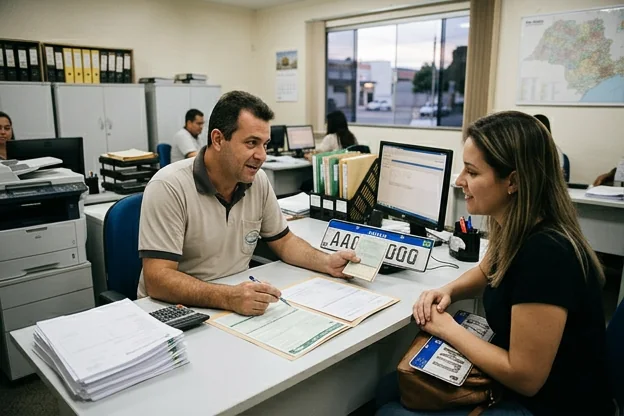 Despachante explicando o processo de licenciamento de veículos.