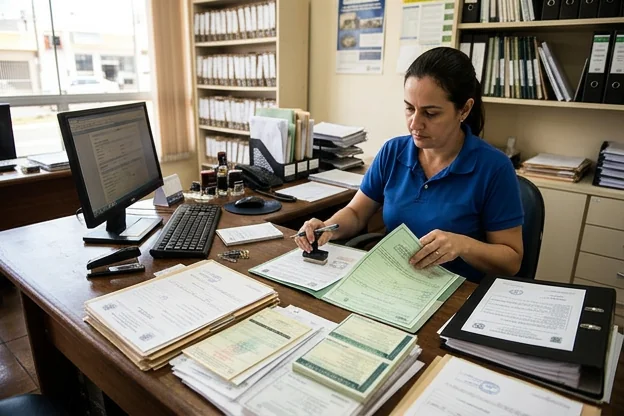 Diversos documentos de veículos organizados em um serviço de despachante.